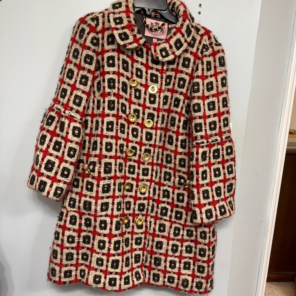 JUICY COUTURE RED & BLACK WOOL Blend DOUBLE-BREASTED PEACOAT Size Large